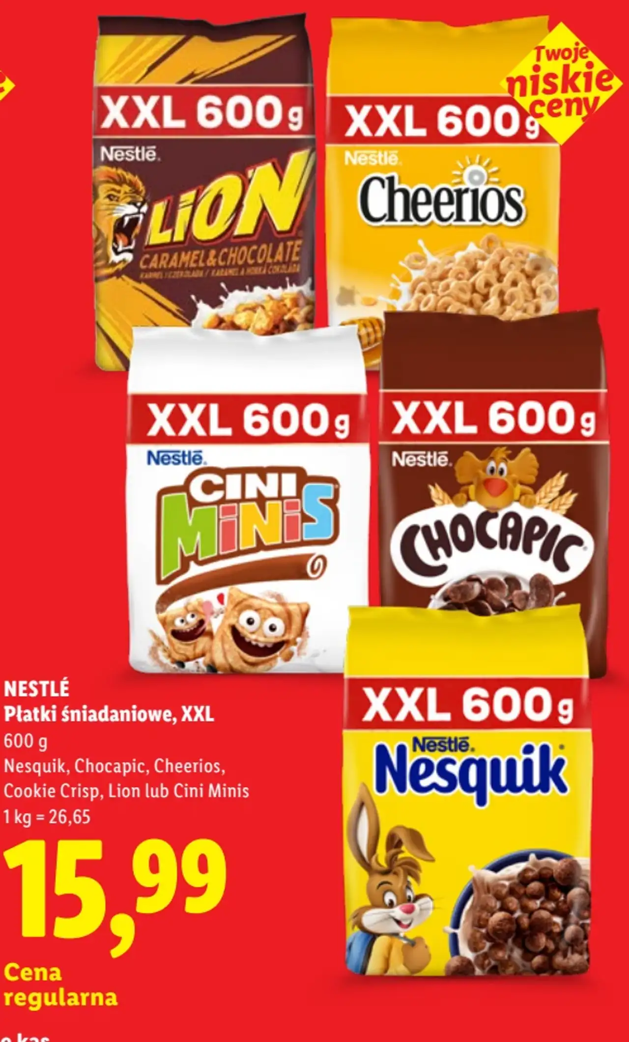 Nestlé Płatki śniadaniowe, XXL (Nesquik, Chocapic, Cheerios, Cookie Crisp, Lion lub Cini Minis)