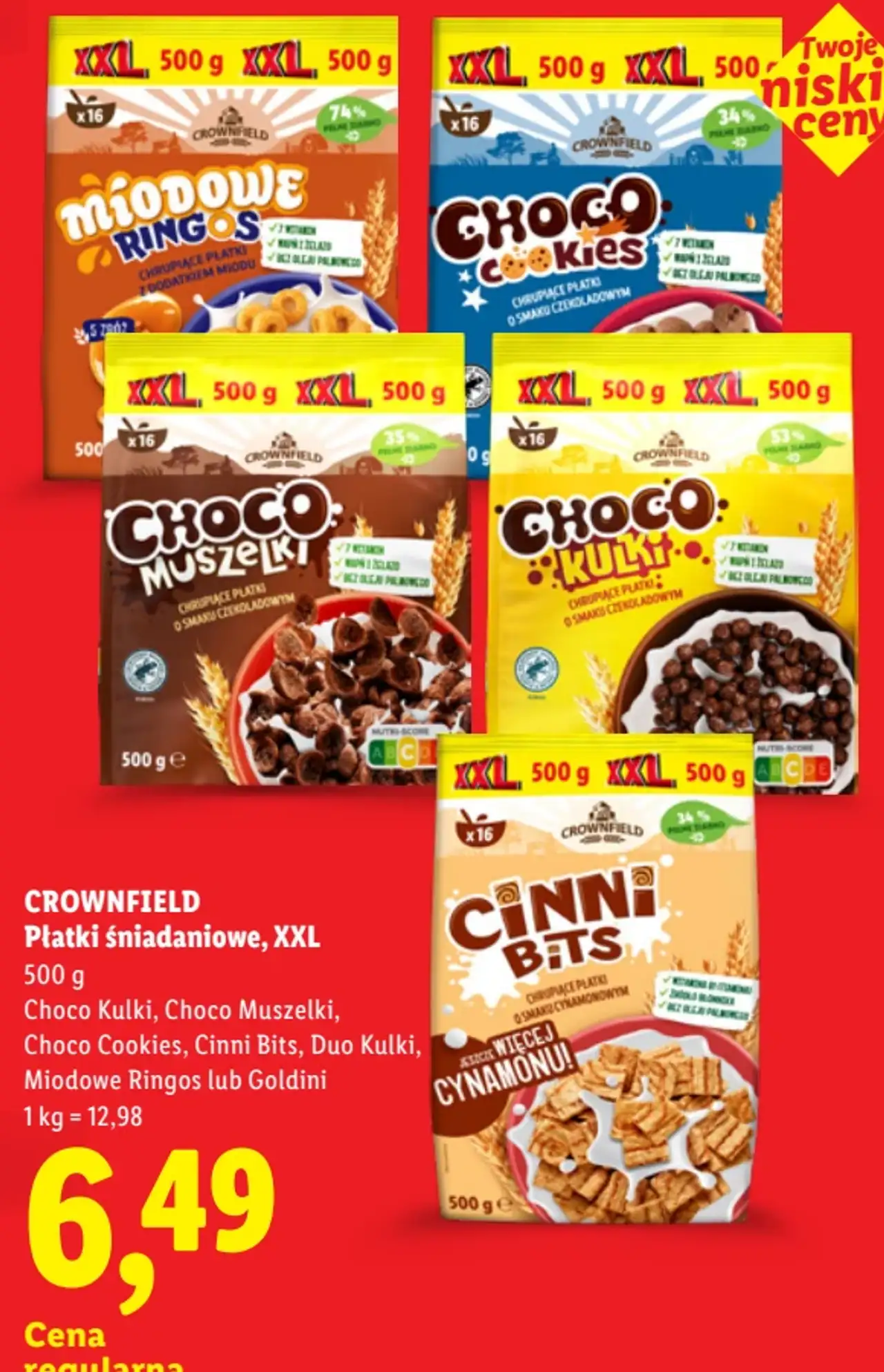Crownfield Płatki śniadaniowe, XXL (Choco Kulki, Choco Muszelki, Choco Cookies, Cinni Bits, Duo Kulki, Miodowe Ringos lub Goldini)