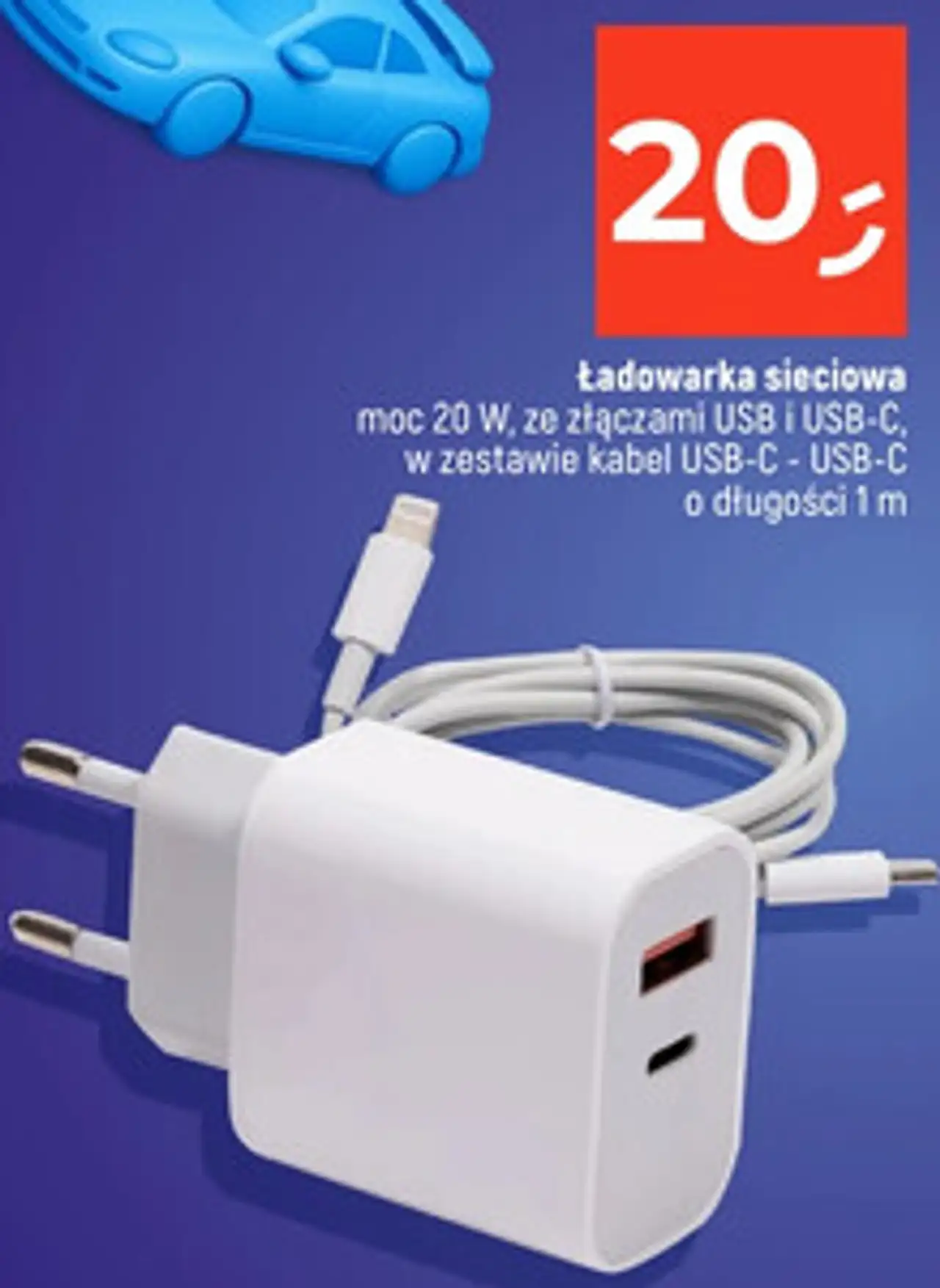 Ładowarka sieciowa moc 20 W, ze złączami USB i USB-C, w zestawie kabel USB-C - USB-C o długości 1 m