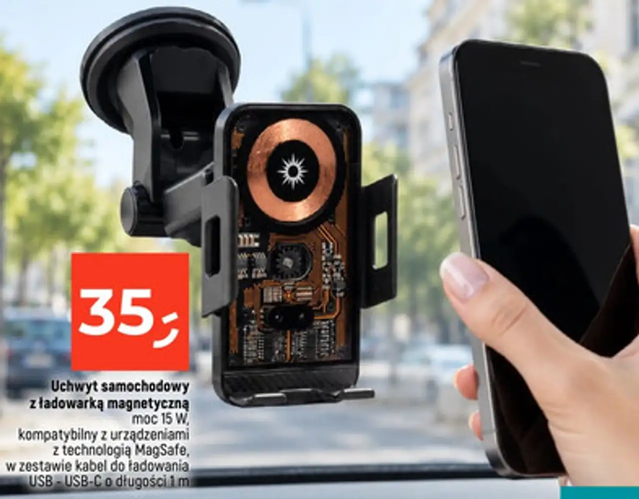 Uchwyt samochodowy z ładowarką magnetyczną moc 15 W, kompatybilny z urządzeniami z technologią MagSafe, w zestawie kabel do ładowania USB - USB-C o długości 1 m