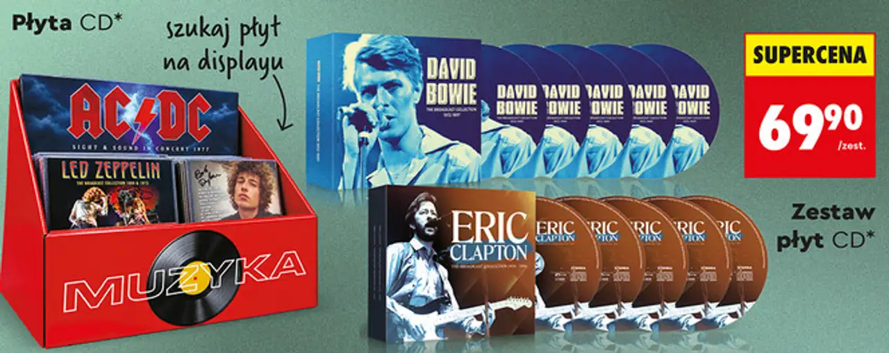 Płyta CD lub zestaw płyt CD (m.in. AC/DC, Led Zeppelin, Bob Dylan, Nina Simone, David Bowie, Eric Clapton)