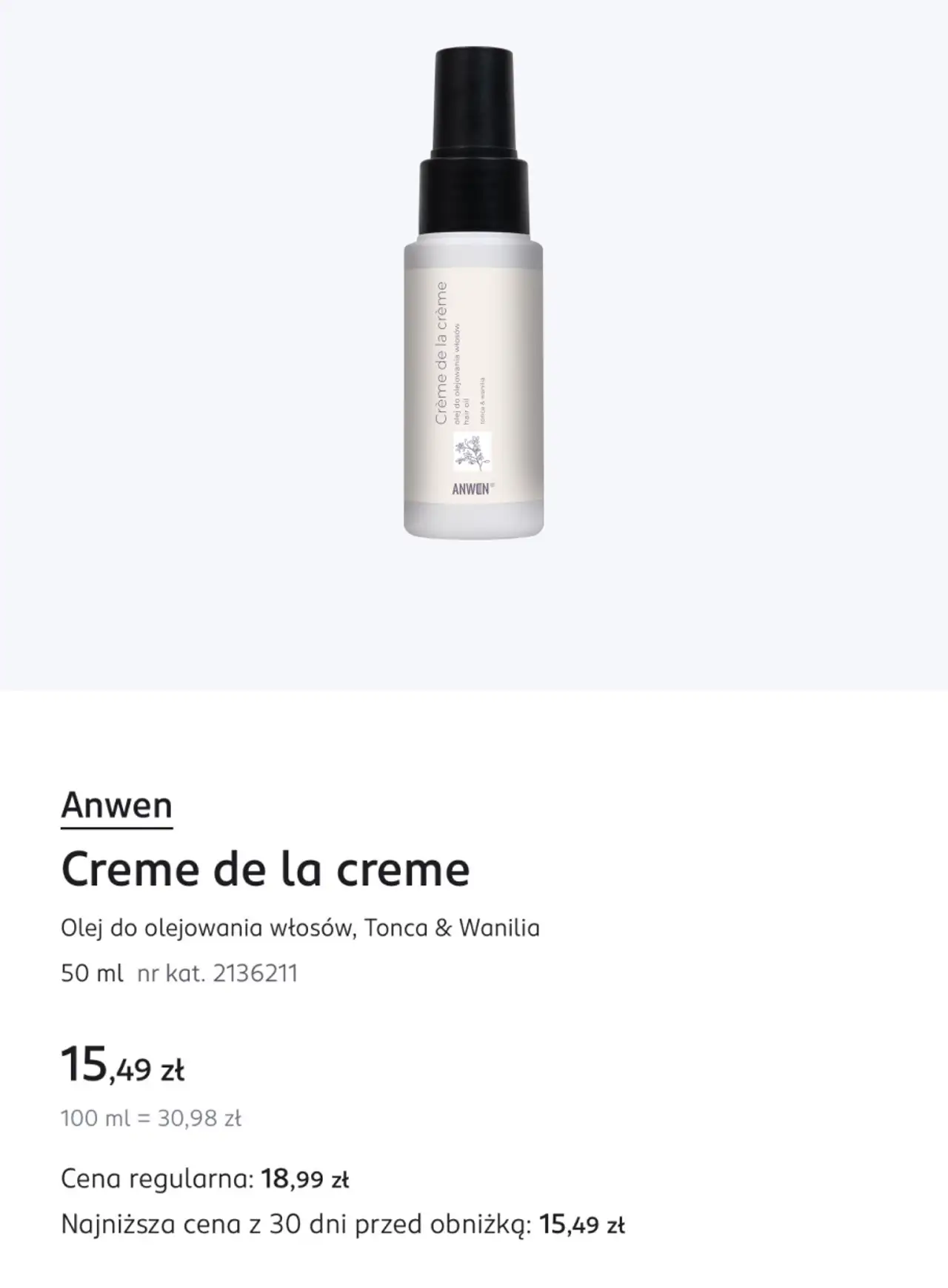 Anwen Creme de la creme Olej do olejowania włosów, Tonca & Wanilia