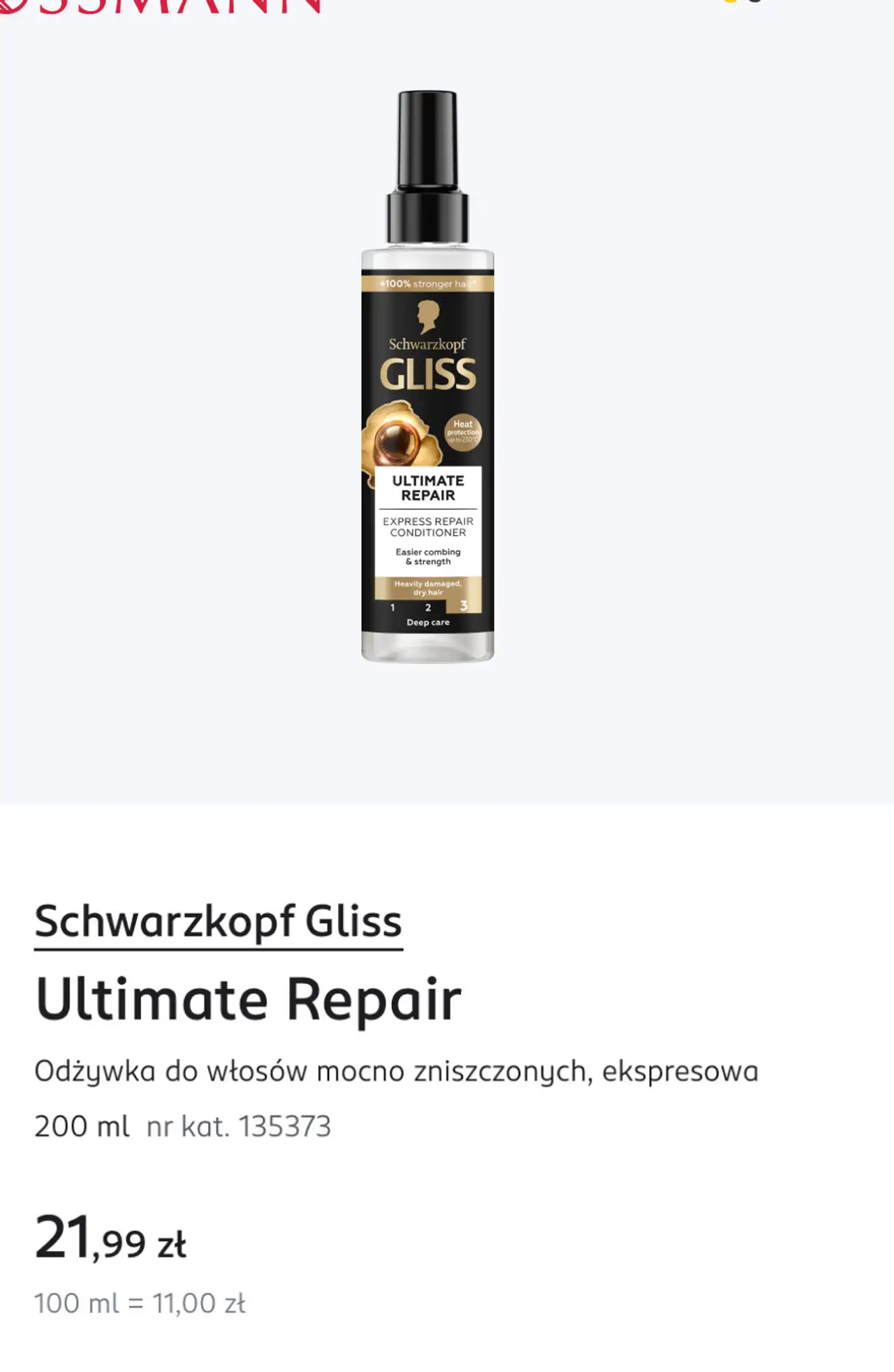 Schwarzkopf Gliss Ultimate Repair Odżywka do włosów mocno zniszczonych, ekspresowa