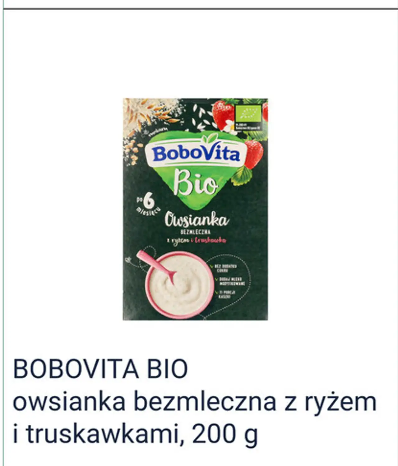 BOBOVITA BIO owsianka bezmleczna z ryżem i truskawkami, 200 g