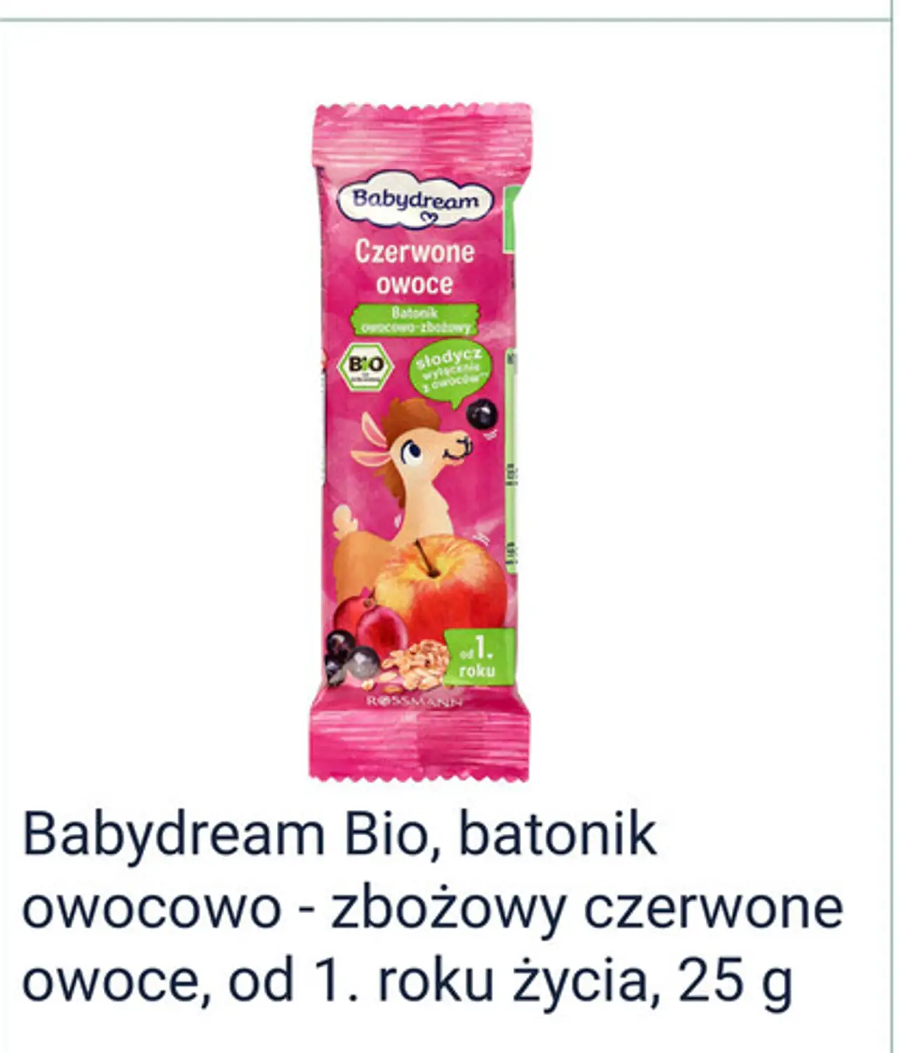 Babydream Bio, batonik owocowo - zbożowy czerwone owoce, od 1. roku życia, 25 g