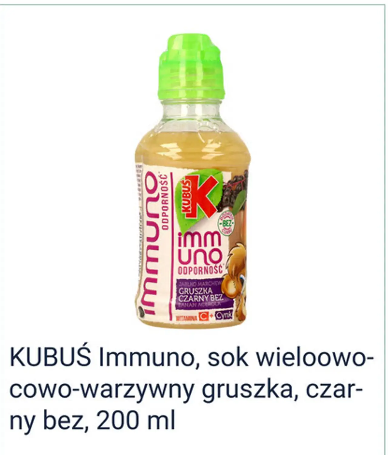 KUBUŚ Immuno, sok wieloowocowo-warzywny gruszka, czarny bez, 200 ml