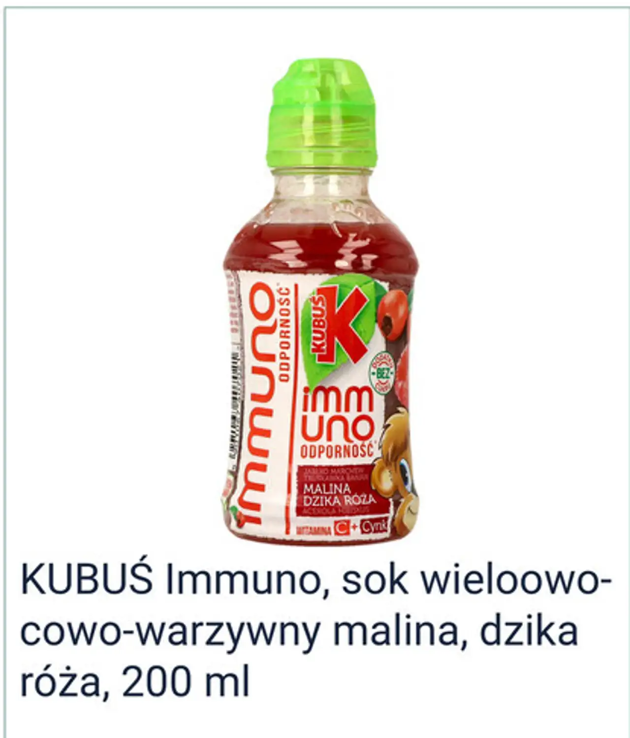 KUBUŚ Immuno, sok wieloowocowo-warzywny malina, dzika róża, 200 ml