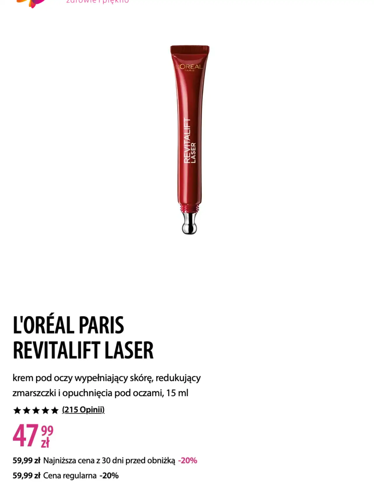 L'Oréal Paris Revitalift Laser krem pod oczy wypełniający skórę, redukujący zmarszczki i opuchnięcia pod oczami, 15 ml