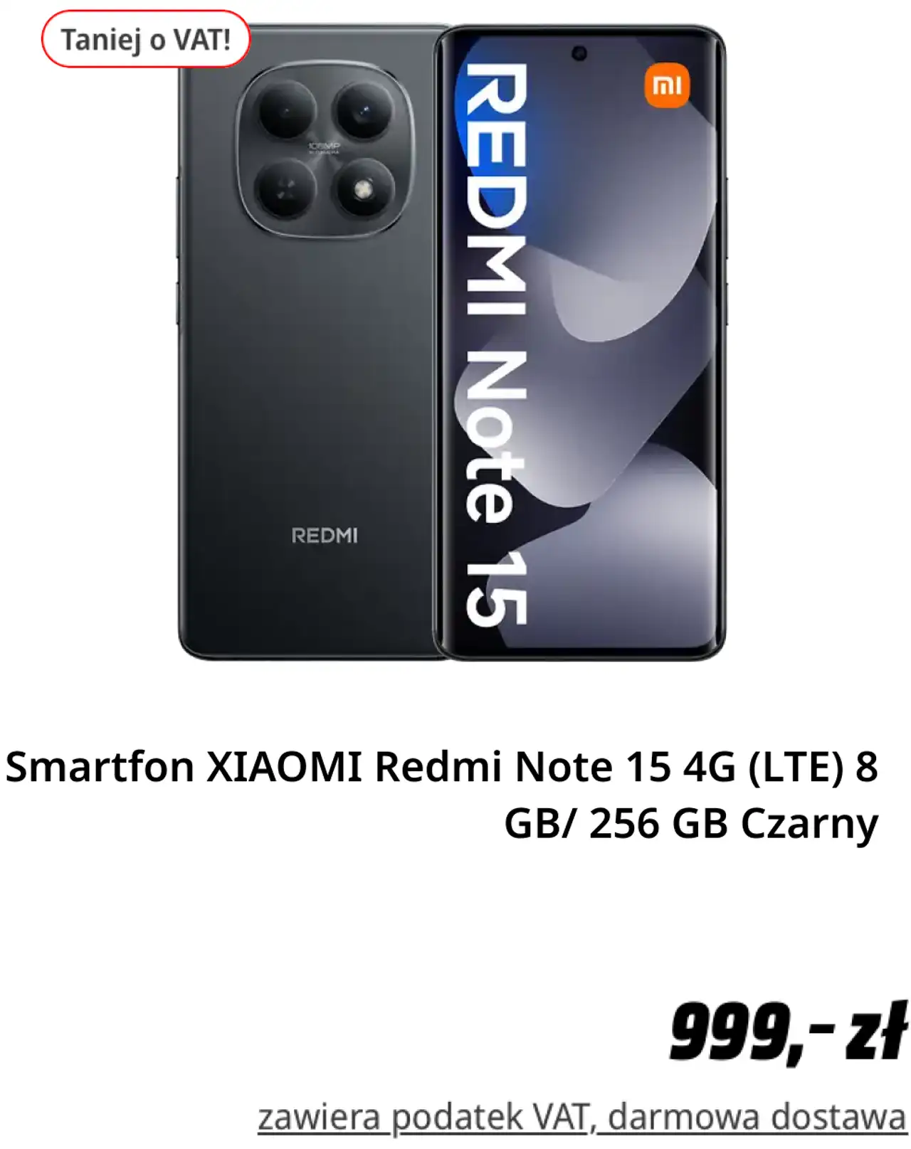Smartfon XIAOMI Redmi Note 15 4G (LTE) 8 GB/ 256 GB Czarny