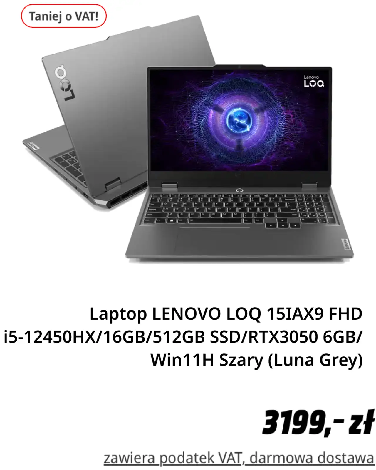 Laptop LENOVO LOQ 15IAX9 FHD i5-12450HX/16GB/512GB SSD/RTX3050 6GB/ Win11H Szary (Luna Grey)