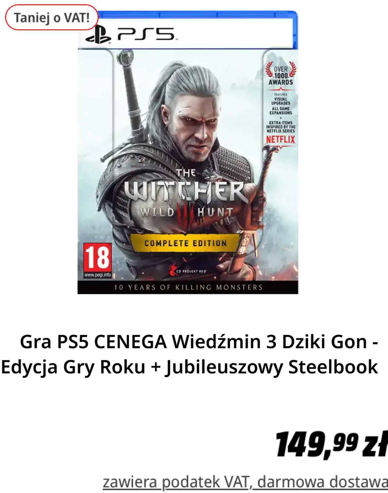 Gra PS5 CENEGA Wiedźmin 3 Dziki Gon - Edycja Gry Roku + Jubileuszowy Steelbook