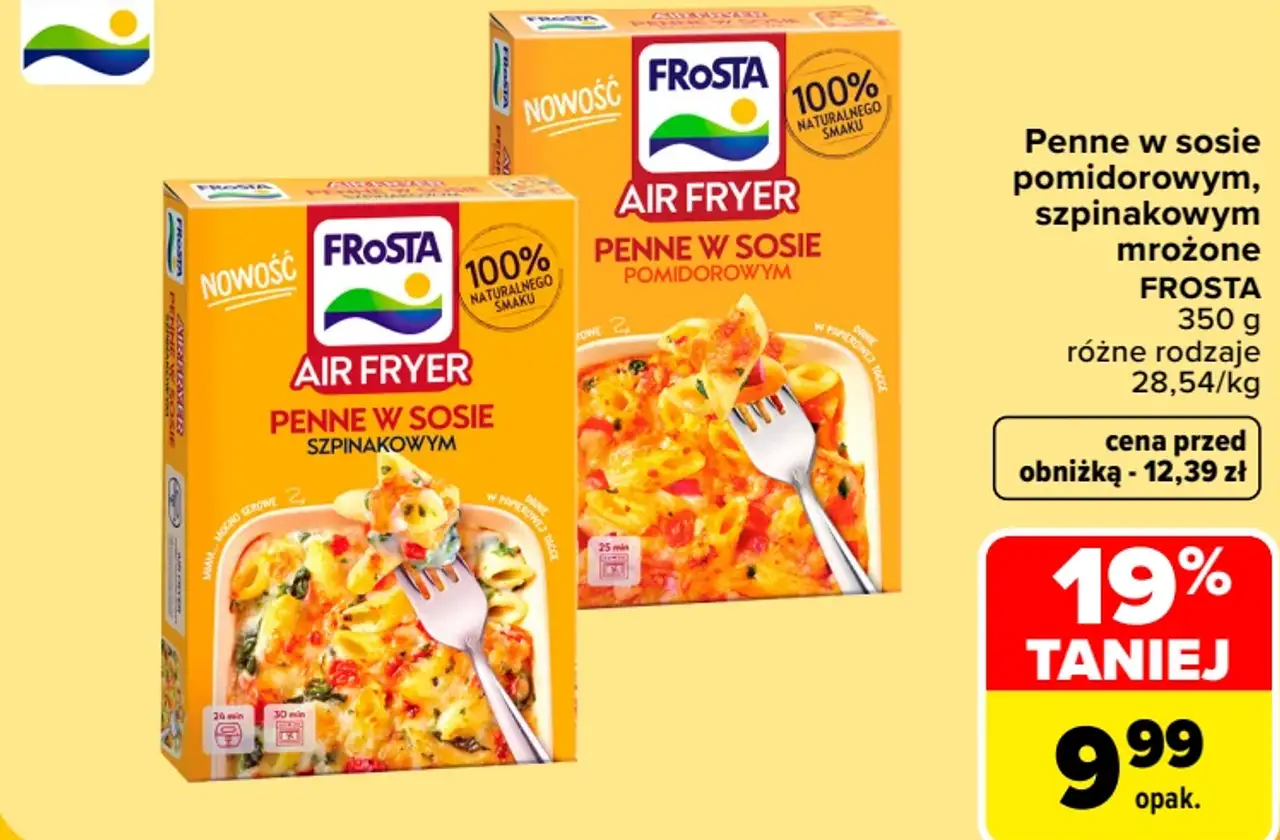 Penne w sosie pomidorowym, szpinakowym mrożone FROSTA