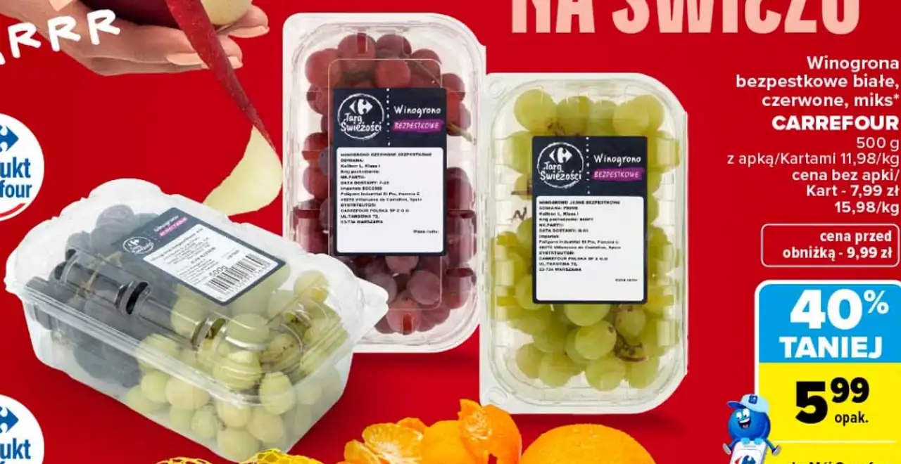 Winogrona bezpestkowe białe, czerwone, miks Carrefour