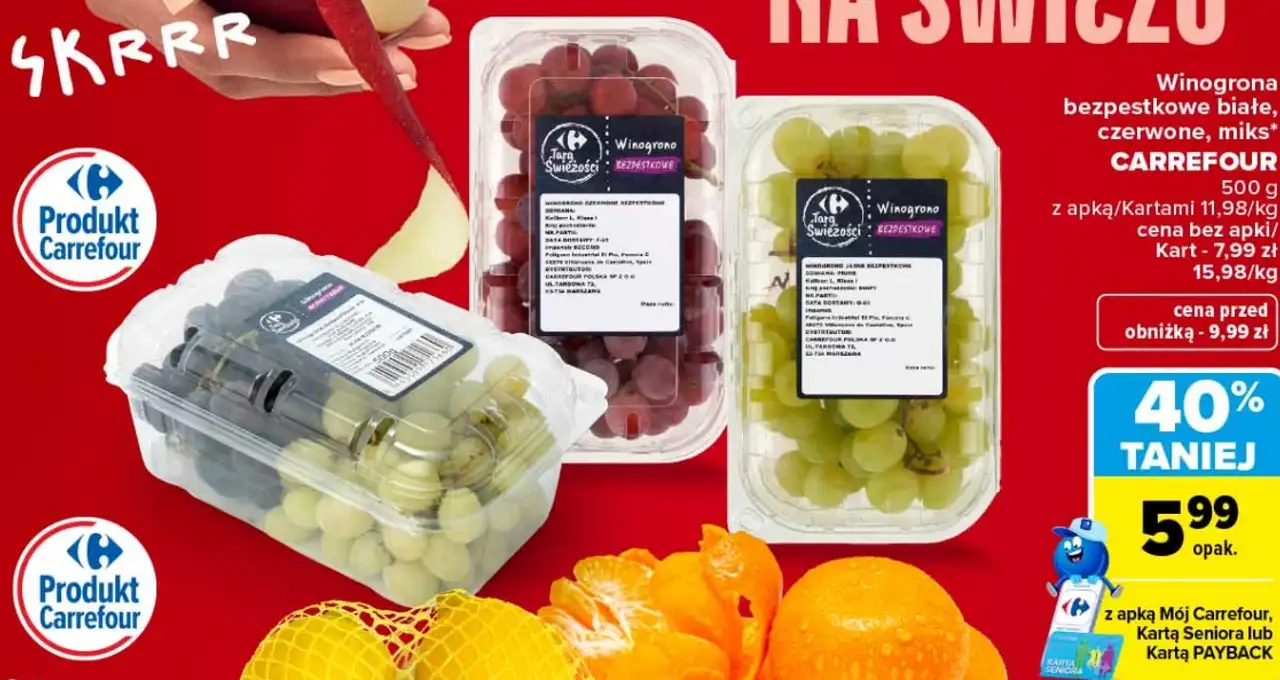 Winogrona bezpestkowe białe, czerwone, miks Targ Świeżości Carrefour