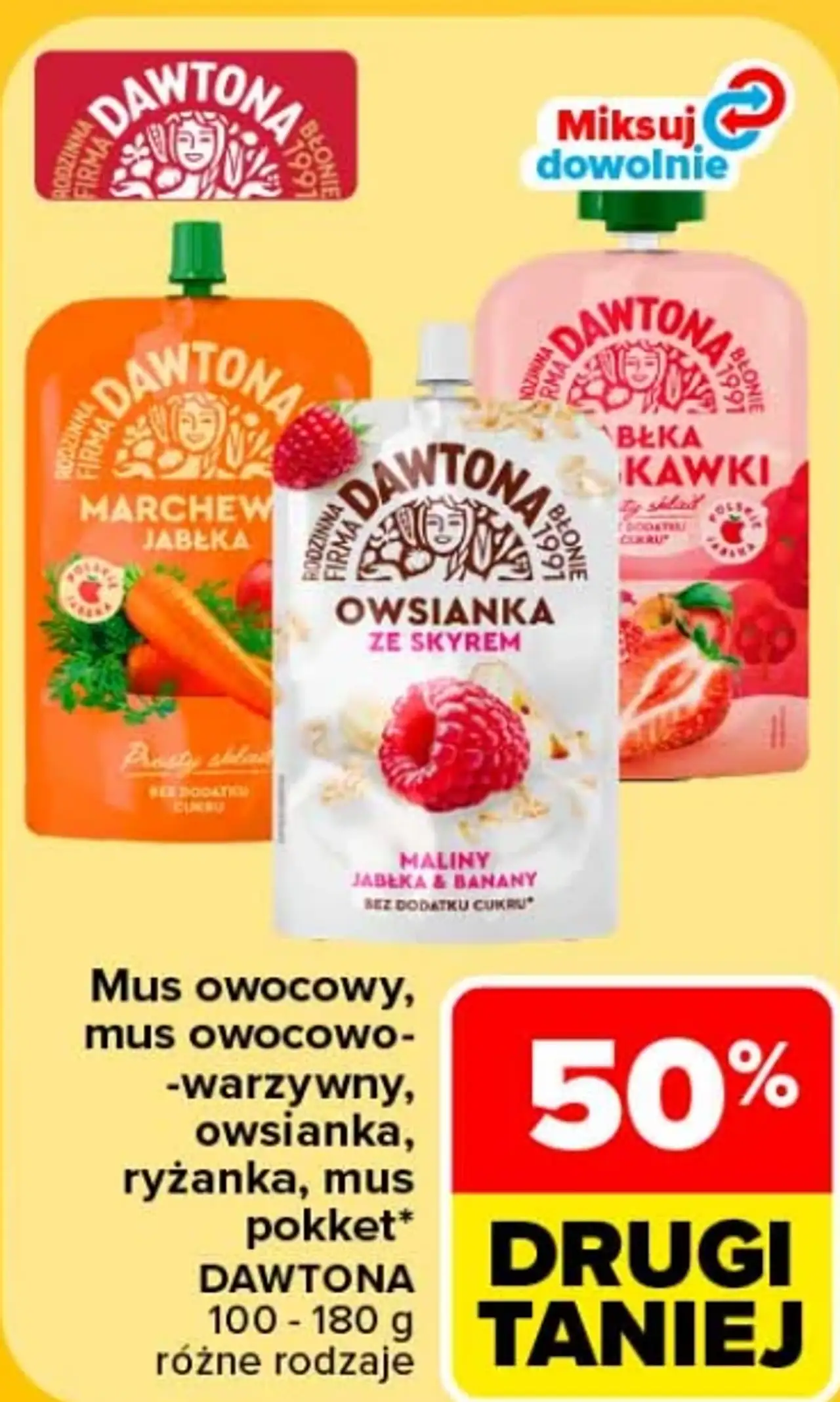 Mus owocowy, mus owocowo-warzywny, owsianka, ryżanka, mus pokket DAWTONA