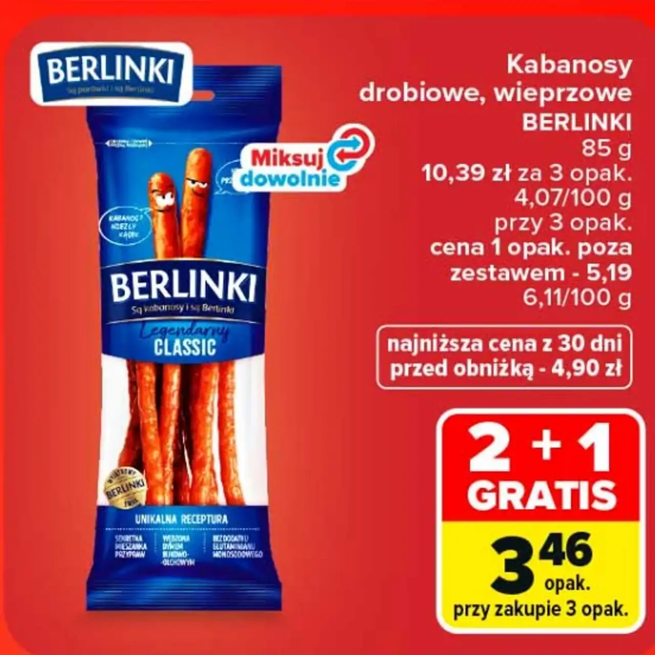 Kabanosy drobiowe, wieprzowe BERLINKI