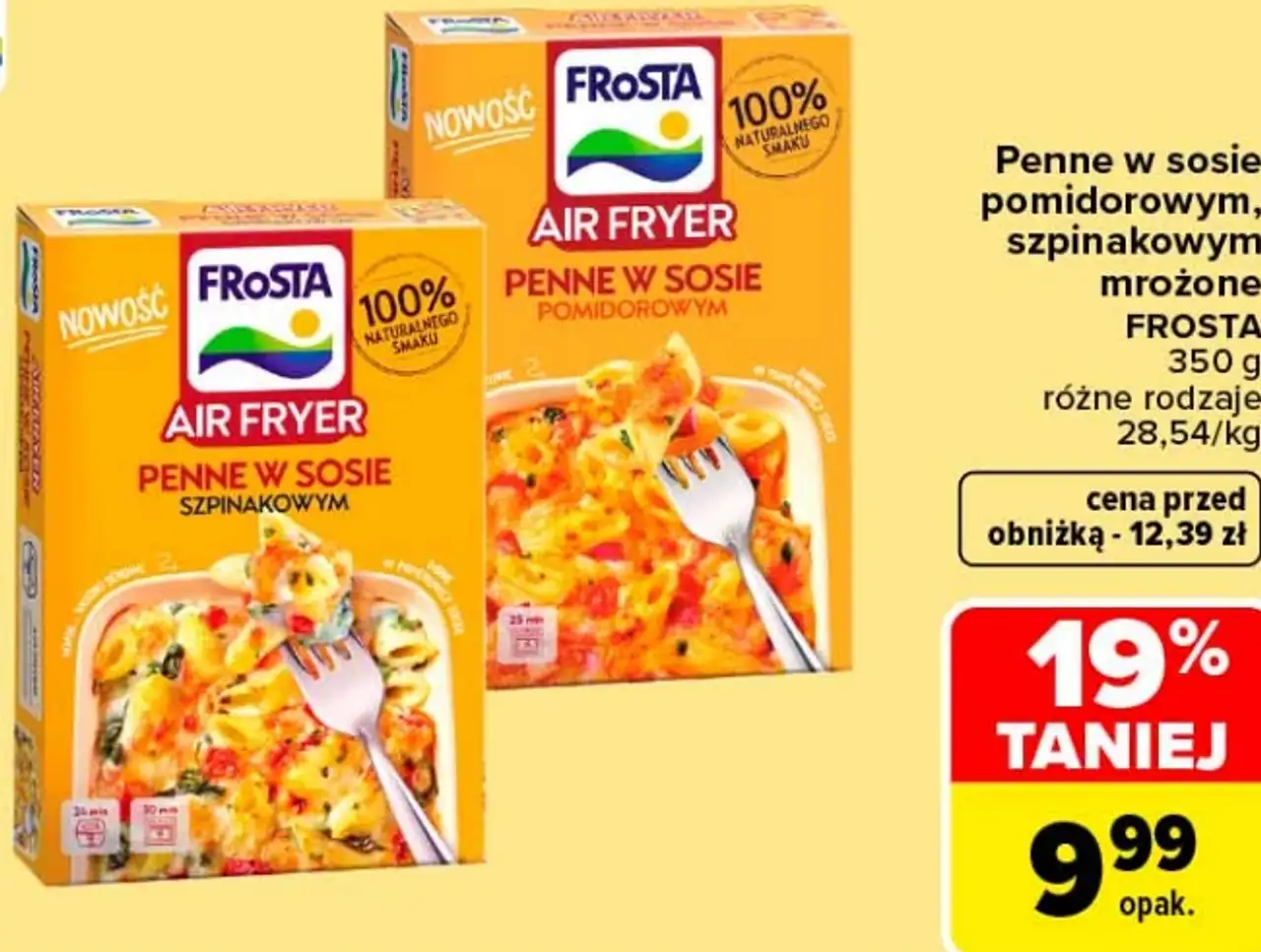 Penne w sosie pomidorowym, szpinakowym mrożone FROSTA