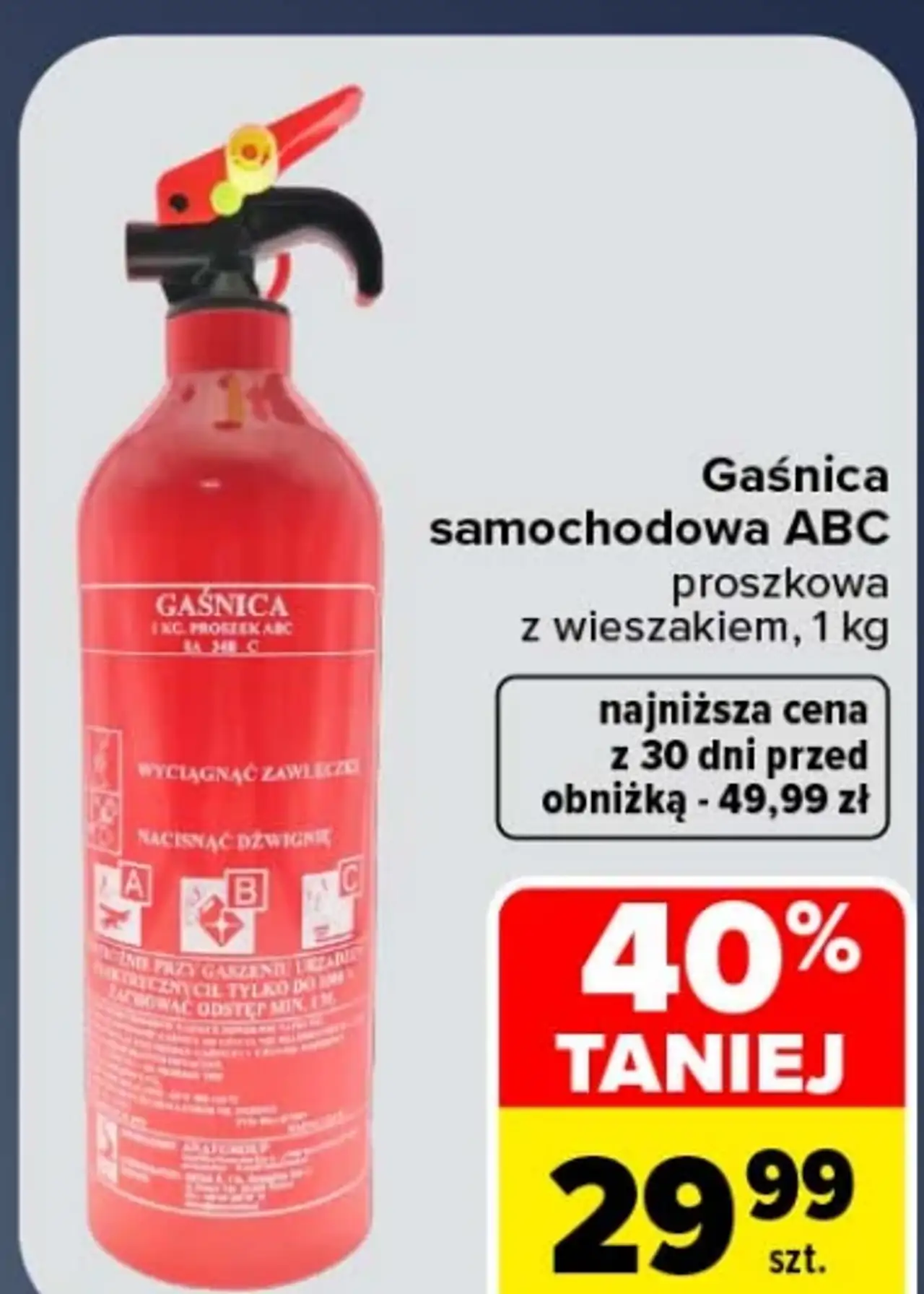 Gaśnica samochodowa ABC proszkowa z wieszakiem, 1 kg