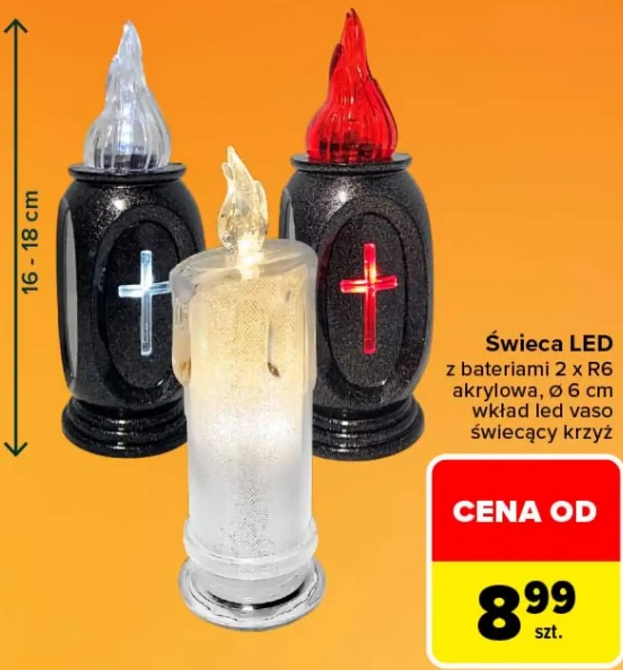 Świeca LED z bateriami 2 x R6 akrylowa, ø 6 cm wkład led vaso świecący krzyż