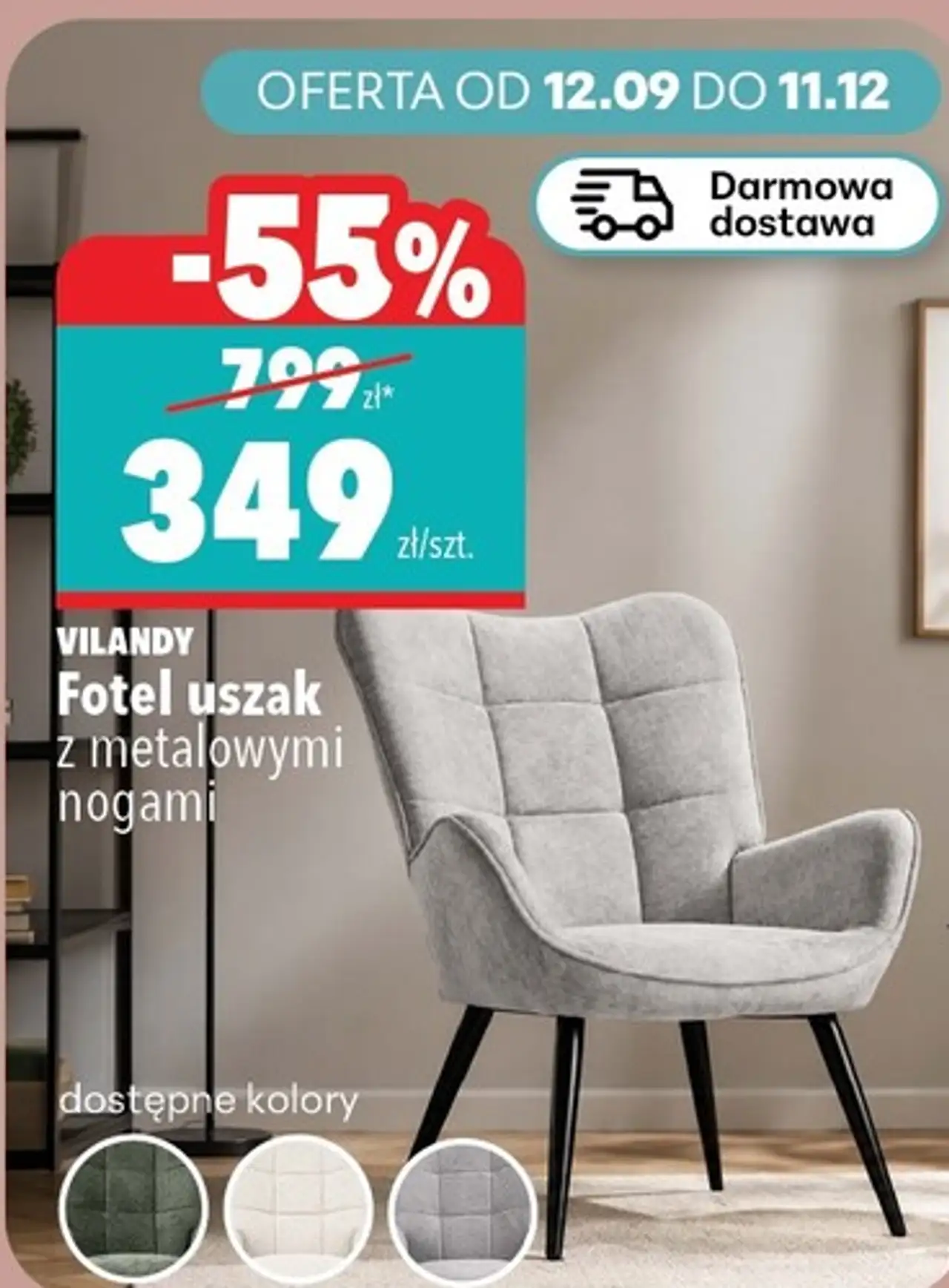Fotel uszak Vilandy z metalowymi nogami
