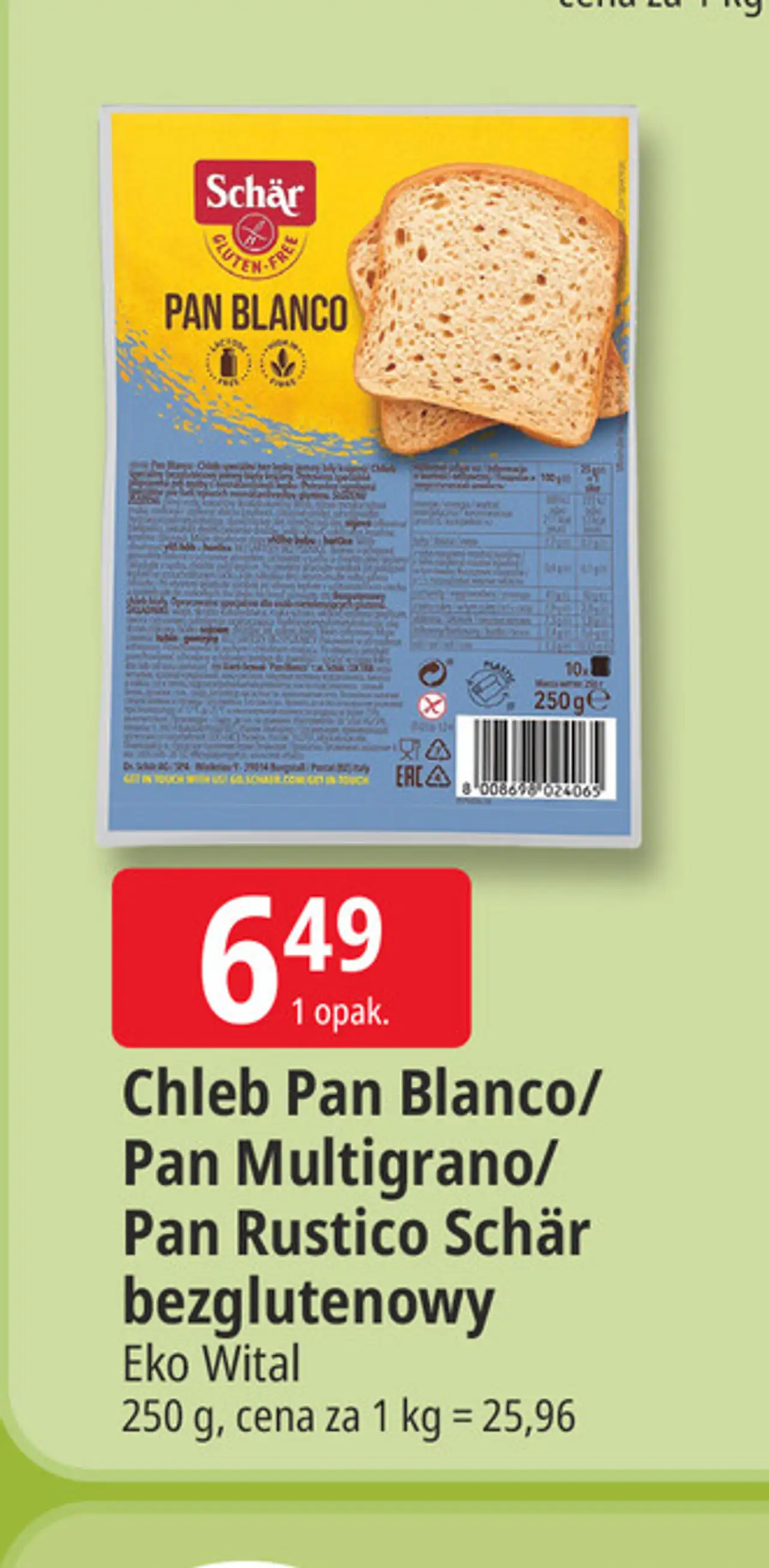 Chleb Pan Blanco/Pan Multigrano/Pan Rustico Schär bezglutenowy Eko Wital