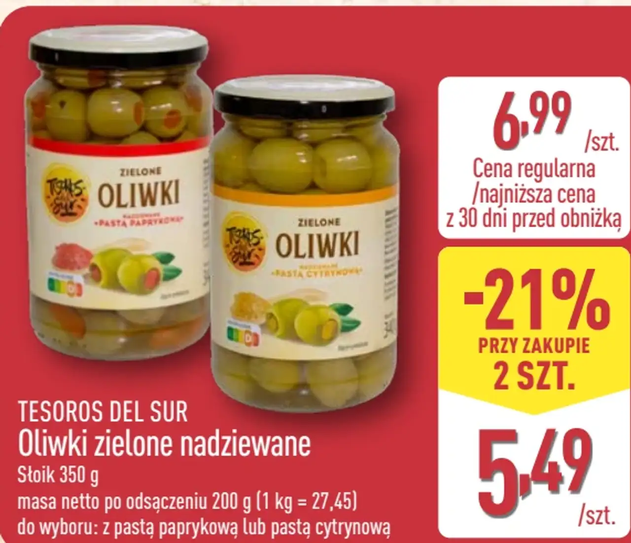 Tesoros del Sur Oliwki zielone nadziewane z pastą paprykową lub pastą cytrynową