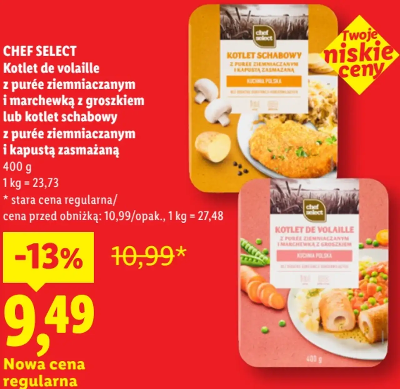 CHEF SELECT Kotlet de volaille z purée ziemniaczanym i marchewką z groszkiem lub kotlet schabowy z purée ziemniaczanym i kapustą zasmażaną