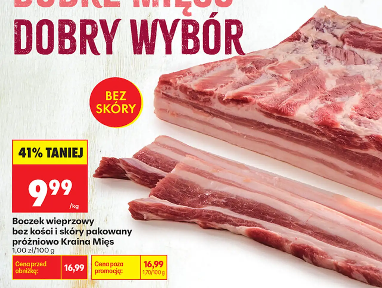 Boczek wieprzowy bez kości i skóry pakowany próżniowo Kraina Mięs