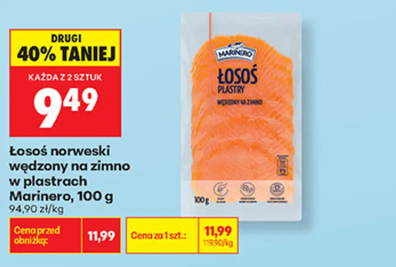 Łosoś norweski wędzony na zimno w plastrach Marinero, 100 g