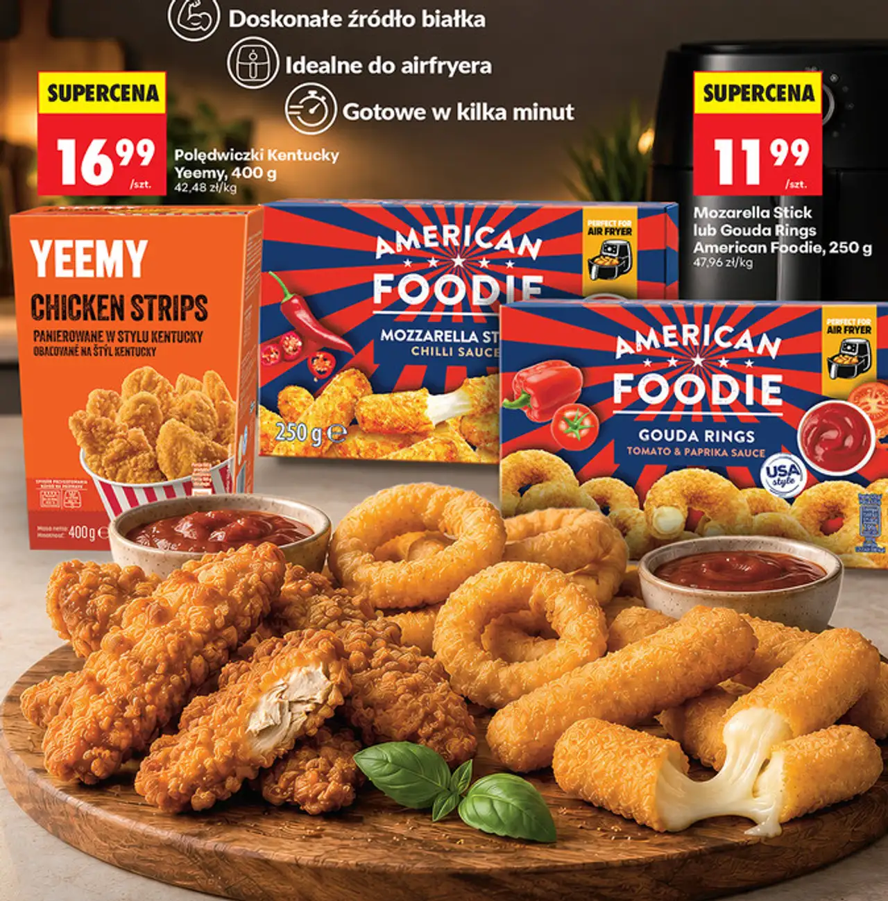 Przekąski Yeemy / American Foodie: Polędwiczki Kentucky, Mozarella Stick, Gouda Rings
