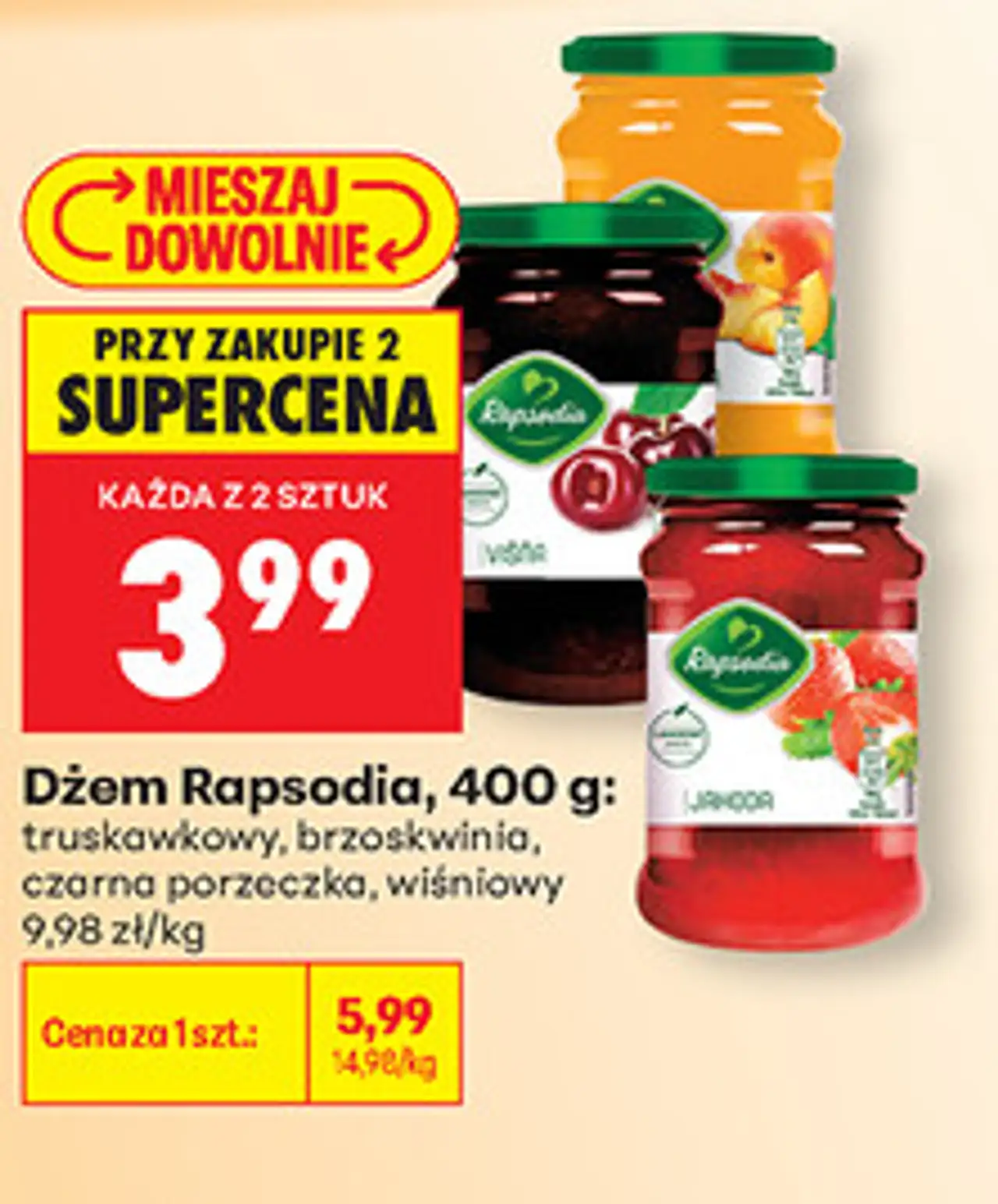 Dżem Rapsodia, 400 g: truskawkowy, brzoskwinia, czarna porzeczka, wiśniowy