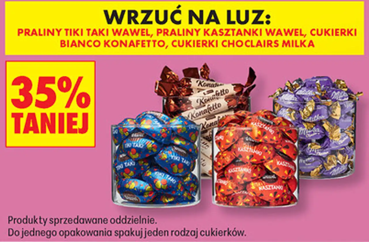 Praliny i cukierki na wagę (Wawel Tiki Taki, Kasztanki, Bianco Konafetto, Choclairs Milka)