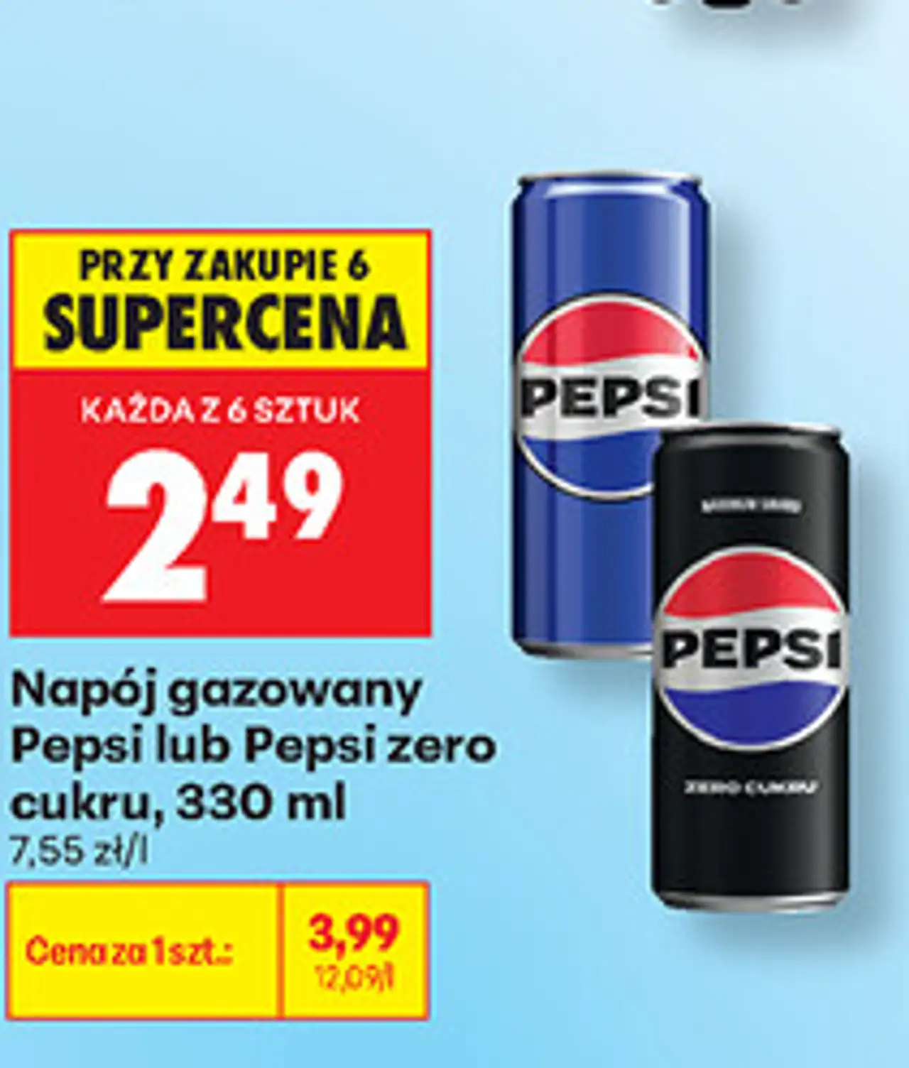 Napój gazowany Pepsi lub Pepsi zero cukru, 330 ml