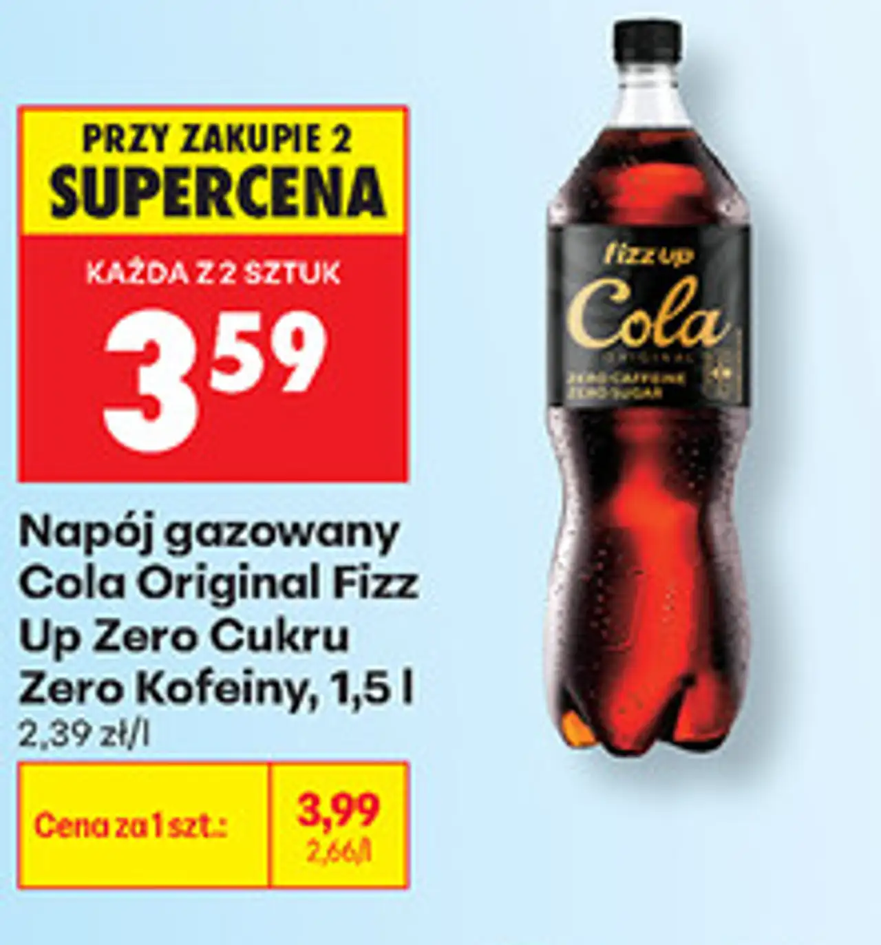 Napój gazowany Cola Original Fizz Up Zero Cukru Zero Kofeiny, 1,5 l