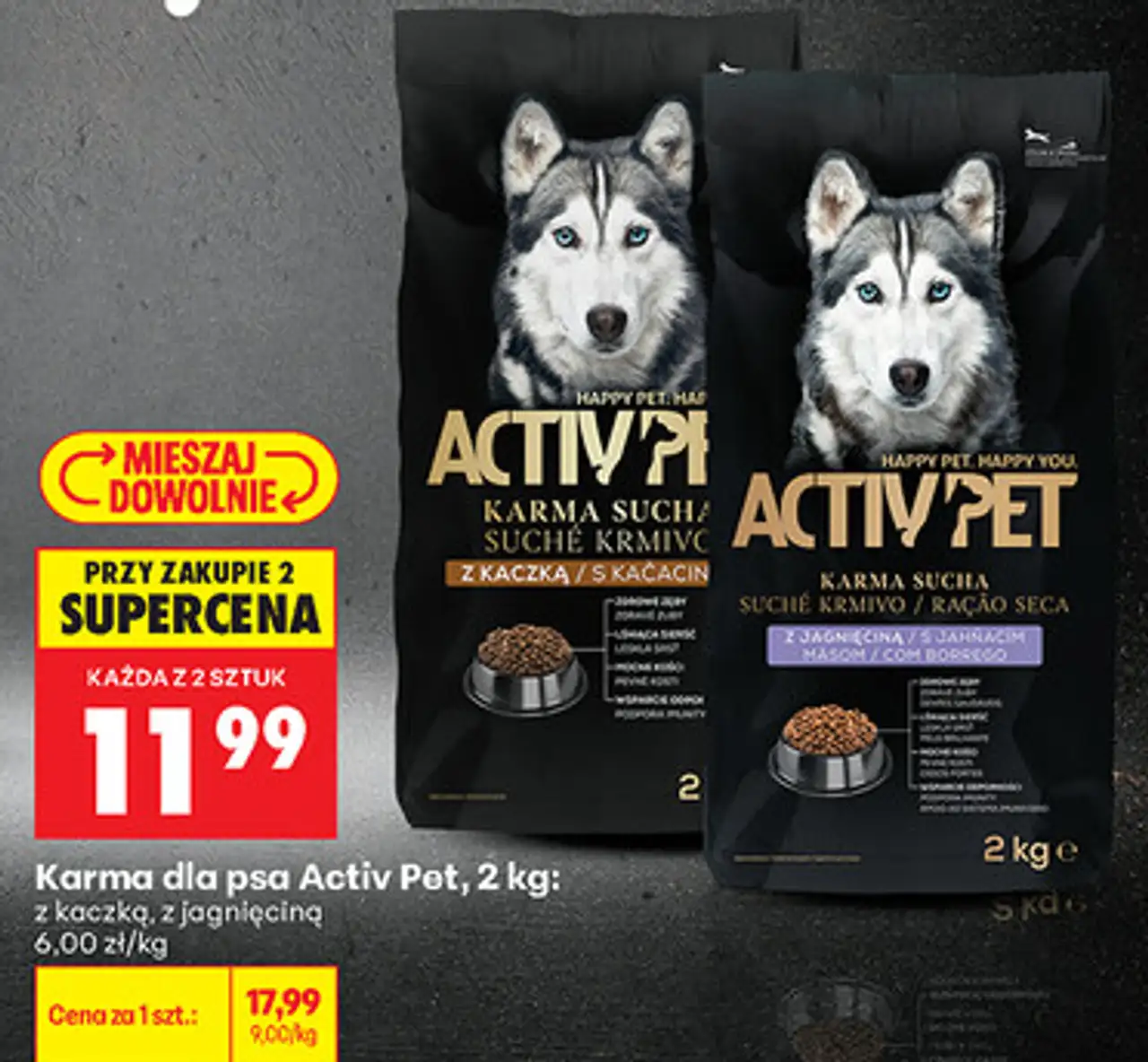 Karma dla psa Activ'Pet, 2 kg: z kaczką, z jagnięciną