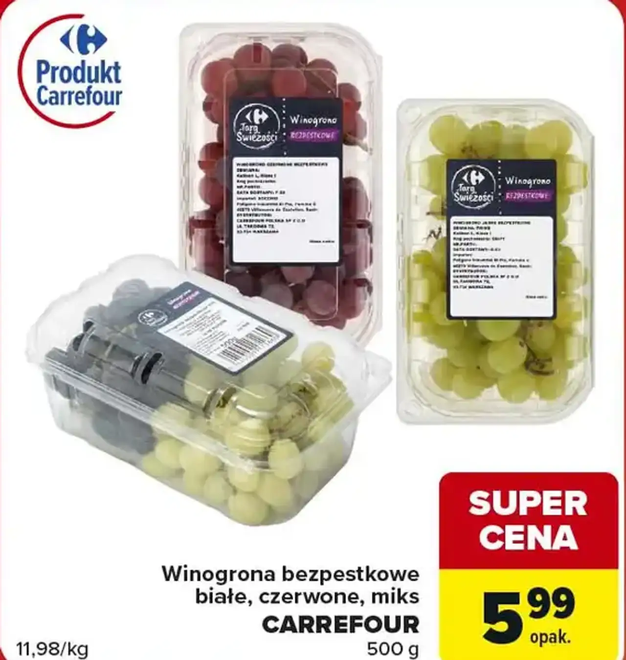 Winogrona bezpestkowe białe, czerwone, miks CARREFOUR