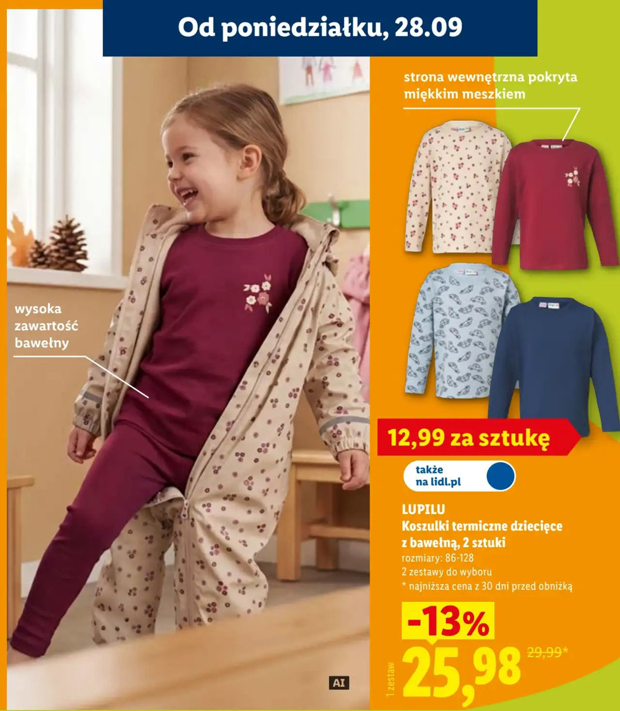 LUPILU Koszulki termiczne dziecięce z bawełną, 2 sztuki