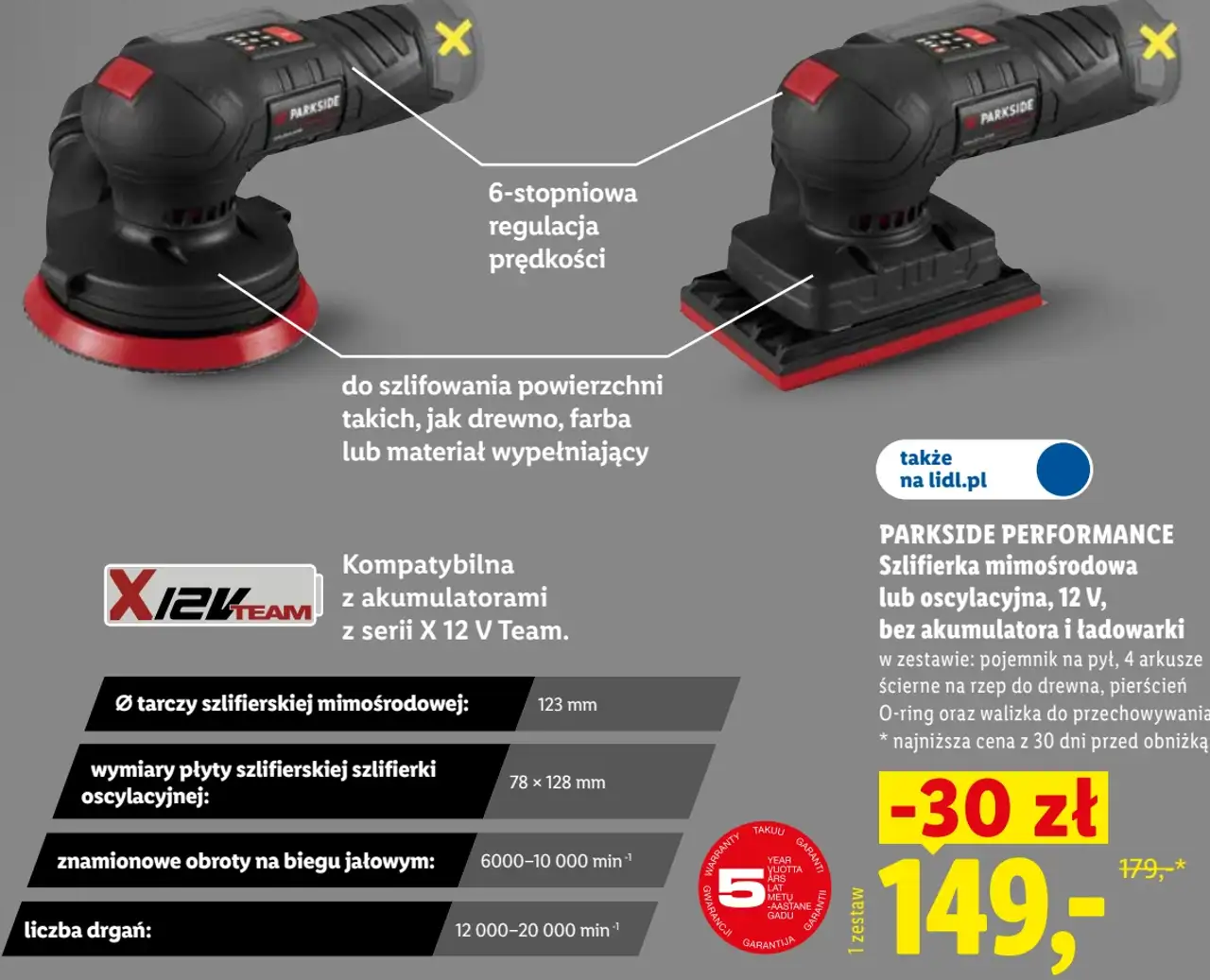 PARKSIDE PERFORMANCE Szlifierka mimośrodowa lub oscylacyjna, 12 V