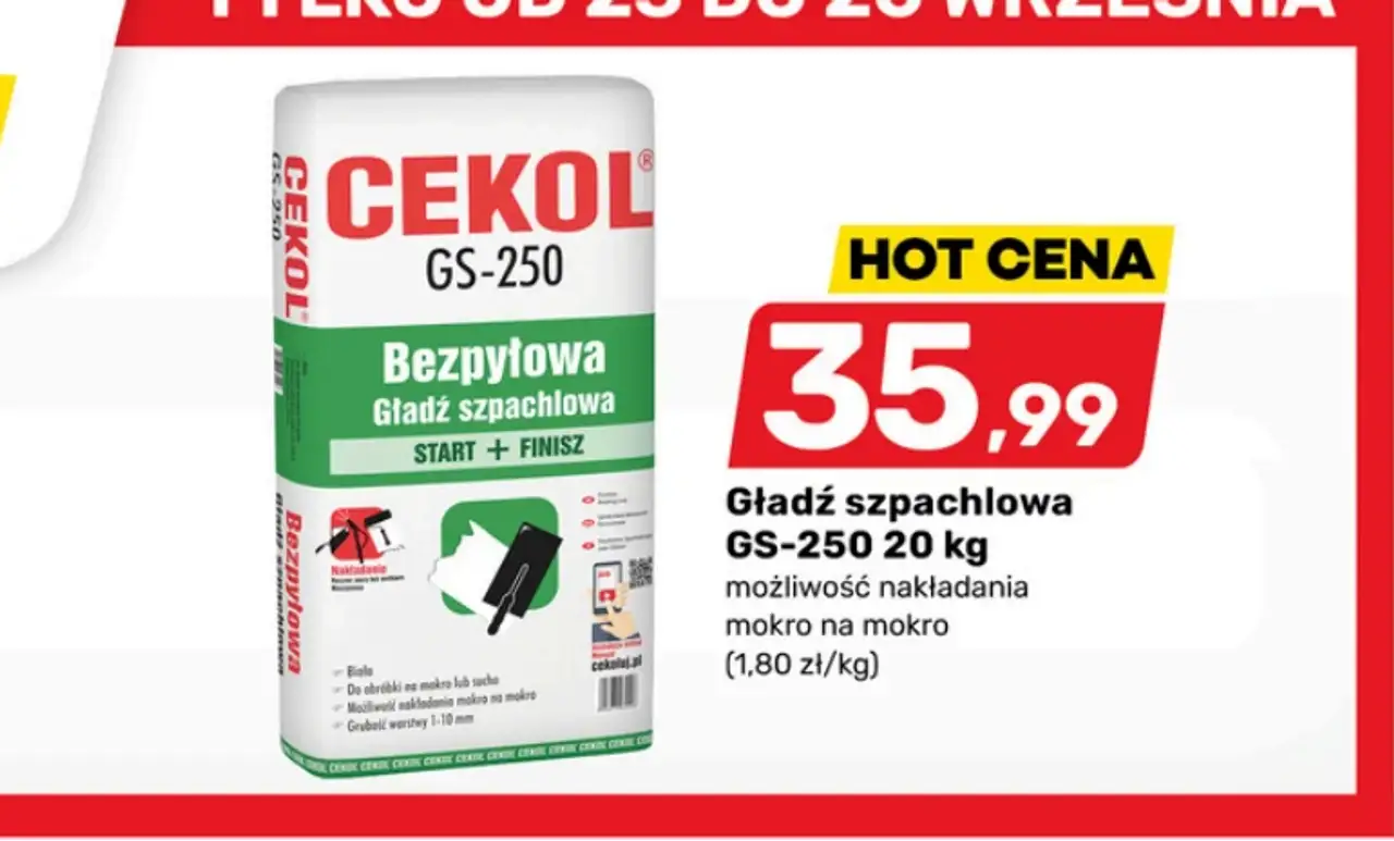 Gładź szpachlowa Cekol GS-250 20 kg