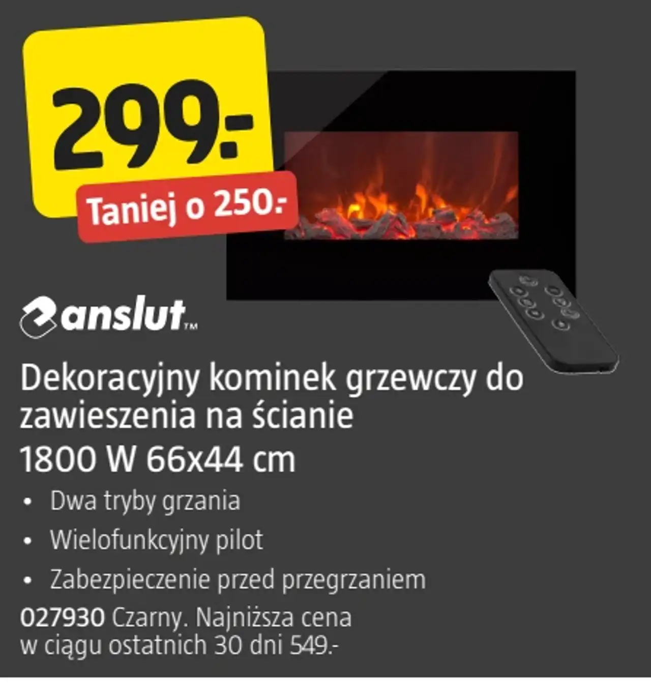 Dekoracyjny kominek grzewczy do zawieszenia na ścianie 1800 W 66x44 cm Anslut