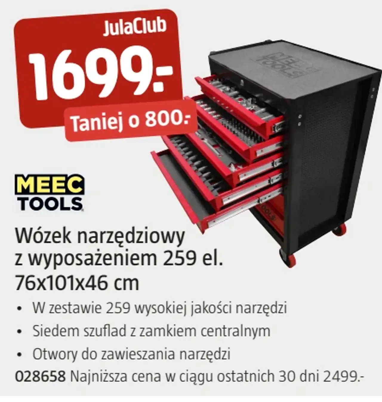 Wózek narzędziowy z wyposażeniem 259 el. 76x101x46 cm MEEC TOOLS