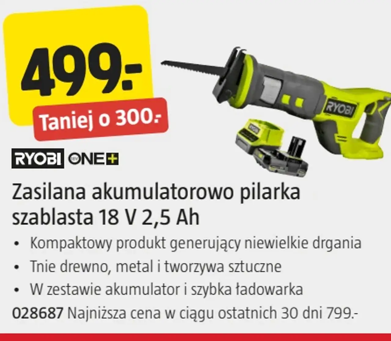 Zasilana akumulatorowo pilarka szablasta 18 V 2,5 Ah RYOBI ONE+