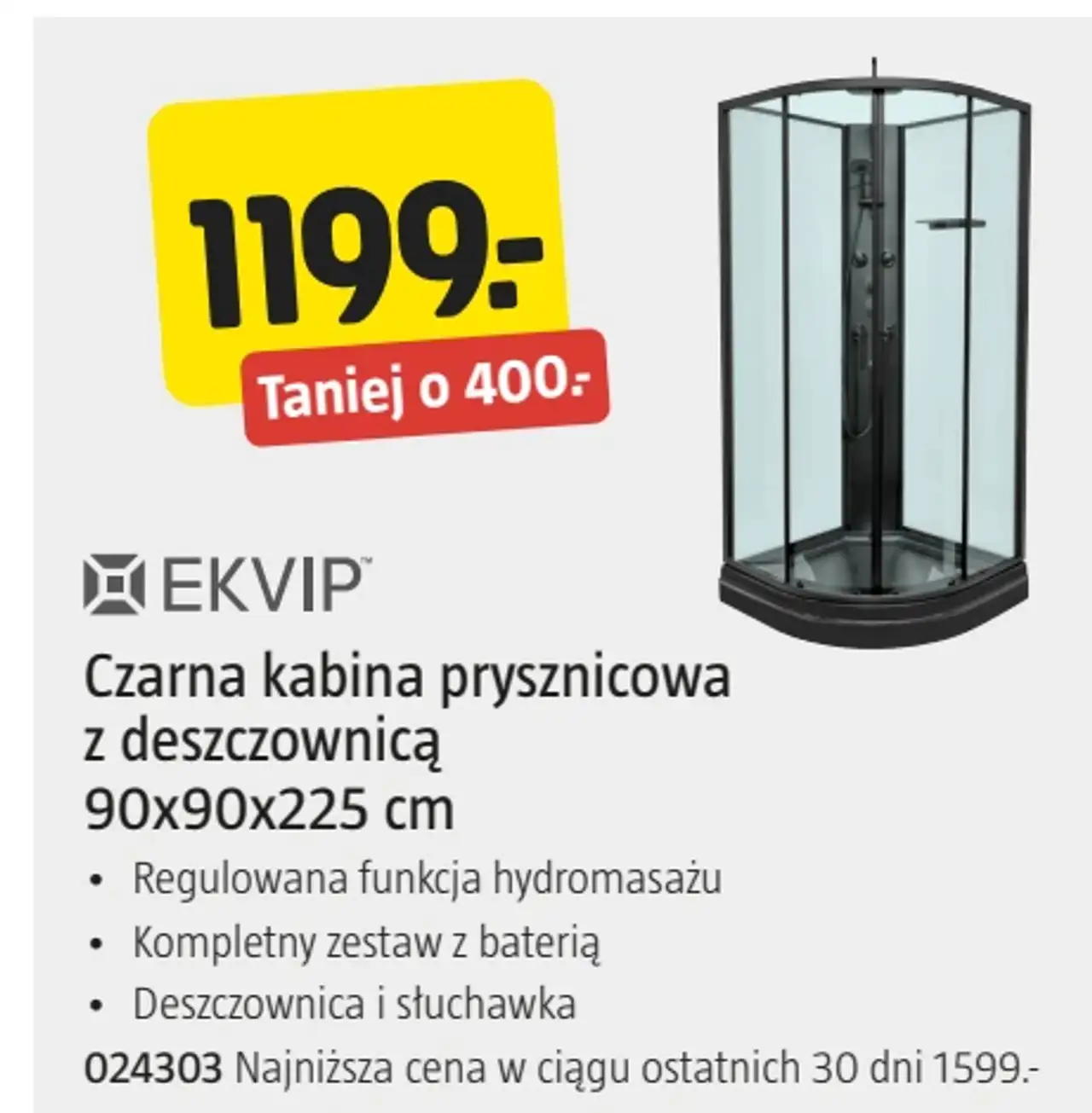 Czarna kabina prysznicowa z deszczownicą 90x90x225 cm EKVIP