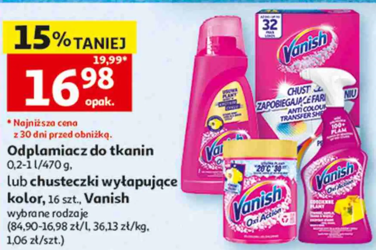 Odplamiacz do tkanin 0,2-1 l/470 g, lub chusteczki wyłapujące kolor, 16 szt., Vanish