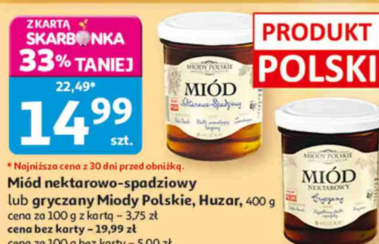 Miód nektarowo-spadziowy lub gryczany Miody Polskie, Huzar