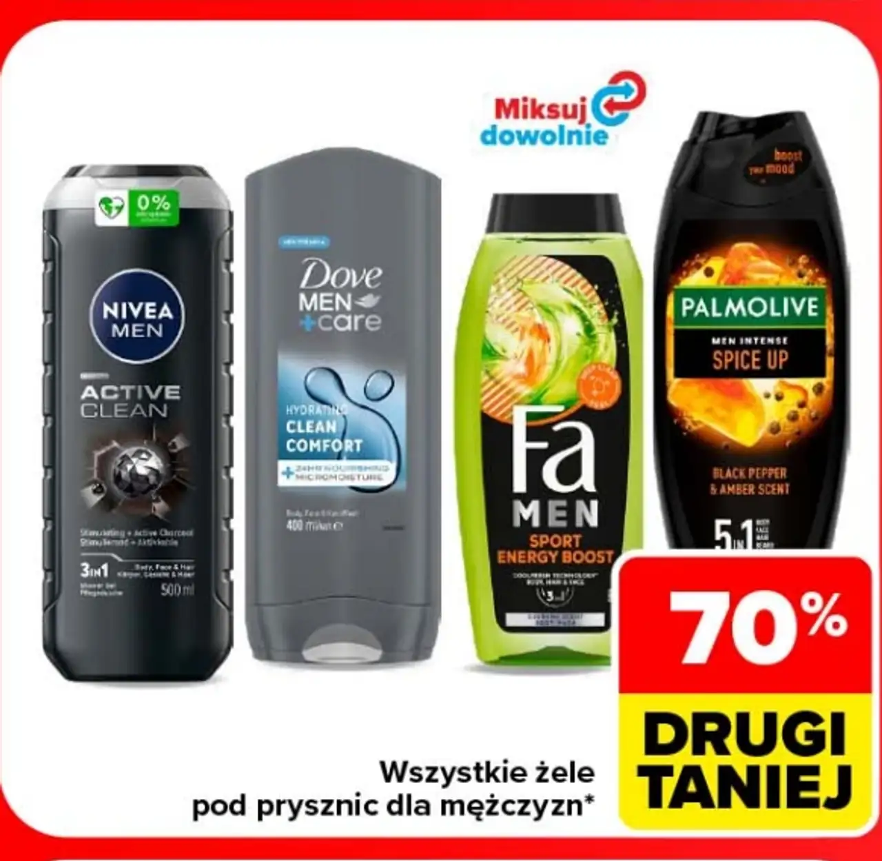 Wszystkie żele pod prysznic dla mężczyzn Nivea, Dove, Fa, Palmolive