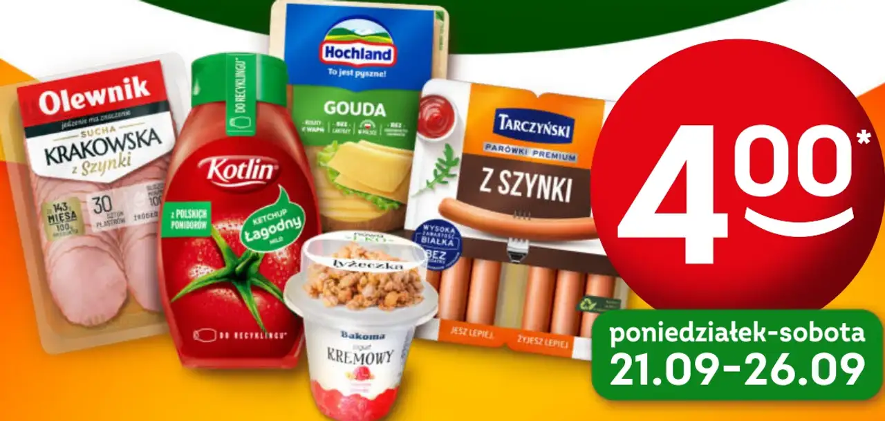 Zestaw produktów Żabkobranie (Olewnik Krakowska, Ketchup Kotlin, Ser Gouda Hochland, Jogurt Bakoma, Parówki Tarczyński)
