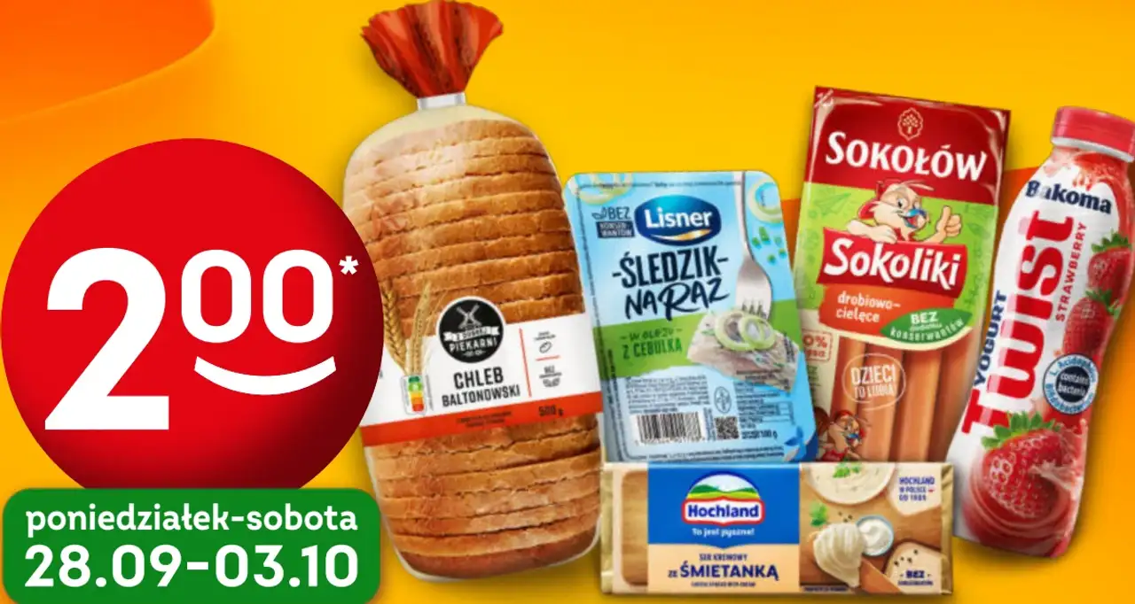 Zestaw produktów Żabkobranie (Chleb Baltonowski, Śledzik na raz Lisner, Sokoliki Sokołów, Jogurt Twist Bakoma, Ser kremowy Hochland)