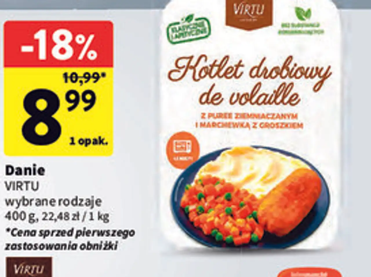 Virtu Danie Kotlet drobiowy de volaille z puree ziemniaczanym i marchewką z groszkiem