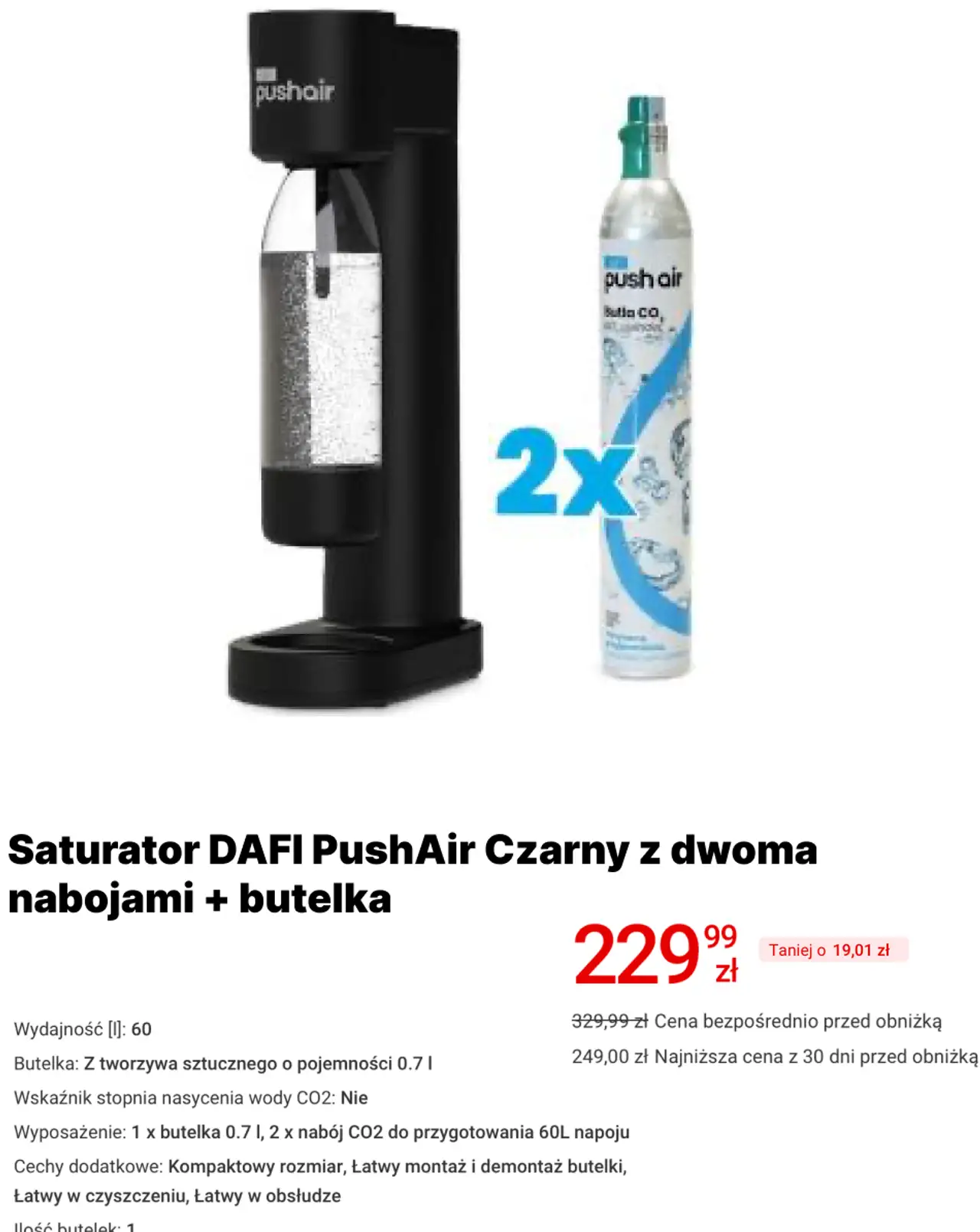 Saturator DAFI PushAir Czarny z dwoma nabojami + butelka